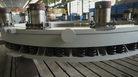 Industrial manufacturing process showing a large metal ring with springs. Stock clip