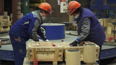 Foundry workers assembling wooden molds. Stock clip