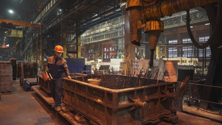 Foundry worker supervising sand molding process. Stock clipの写真素材