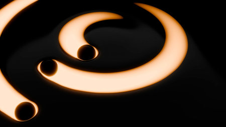 Abstract orange light tubes rotating on black backgroundの写真素材