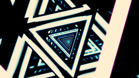 Abstract endless triangle tunnel with glowing neon lights