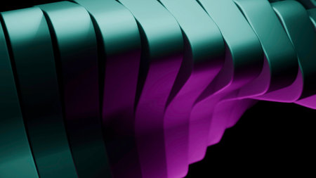Teal metallic ribbons flowing in a wave motion on black background. Designの写真素材