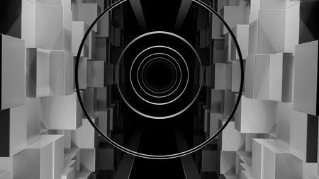 Abstract geometric tunnel with black and white ringsの写真素材