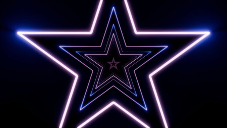 Abstract neon star tunnel glowing on dark backgroundの写真素材