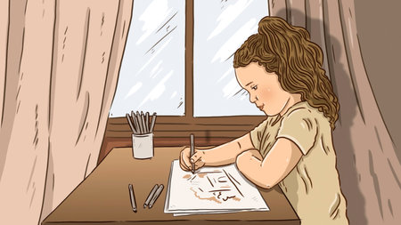 Young girl drawing on paper at home tableの写真素材