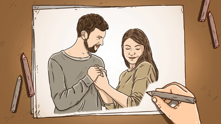 Hand drawing sketch of loving couple holding handsの写真素材