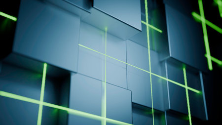 Abstract technology background with green light grid over cubesの写真素材