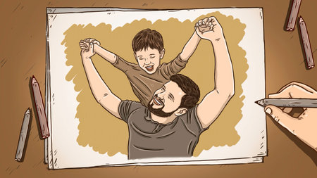 Father drawing son portrait creating happy family memoryの写真素材