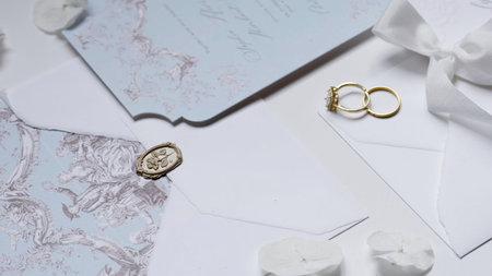 Elegant wedding stationery set with gold rings and toile de jouy pattern. Action