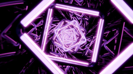 Purple neon light tunnel creating abstract geometric effectの写真素材