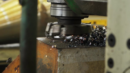 Industrial milling machine removing material from metal part. Stock clip