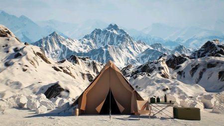 Camping tent in snowy winter mountain landscapeの写真素材