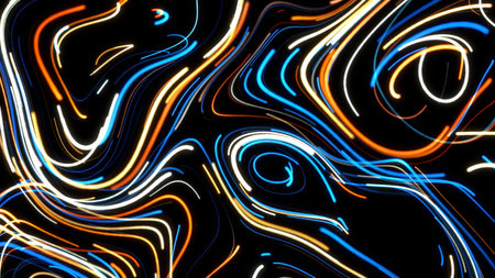 Abstract glowing fluid light trails flowing on black