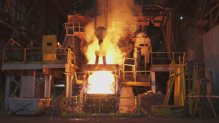 Molten metal pouring into container in steel mill. Stock clip