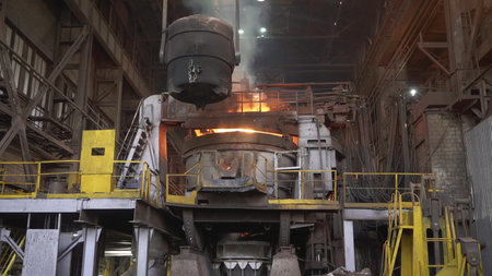 Molten metal pouring into a large industrial furnace. Stock clip