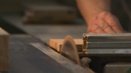 Expert Cabinetmaker Delicately Controlling Grain And Dust While Operating Spinning Blade In...