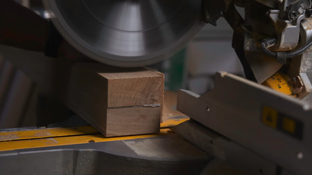 Woodworking In Action, Intimate Perspective Capturing Craftsmanship Of Woodworking With Spinning Saw...