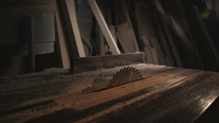 Workshop Saw Scene, Workshop Setting Showing Luminous Cuttings Blade Amidst Dust And Stacked Wooden...