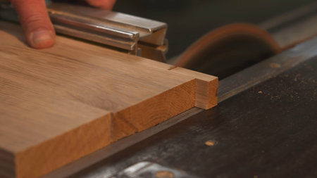 Precise Rabbet Joint Crafted By Skilled Hands, Craftsman Using Table Saw To Shape Oak Board...