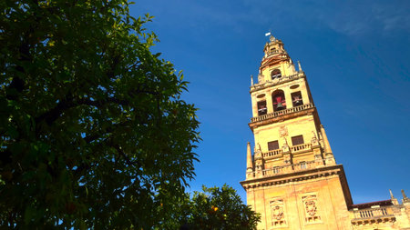 Bright Afternoon Highlights Ornate Tower Nestled Among Vibrant Foliage And Tranquil Plaza Atmosphere . Actionの写真素材