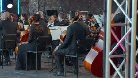 Musicians Gracefully Play In Concert Hall Enveloped By Warm Lighting And Acoustic Richness