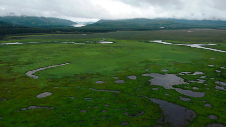 Aerial view of kushiro shitsugen wetland national park.の写真素材