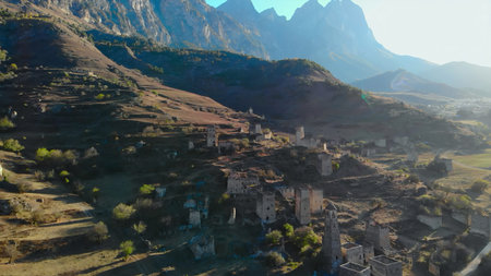 Aerial view of ancient stone towers in mountainous landscape. Mediaの写真素材