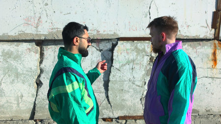 Peaceful Resolution In Urban Setting. Diverse Men Mediate Near Weathered Concrete In Bright Sunlight. Media