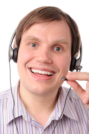 Smiling man with headphones and microphoneの写真素材