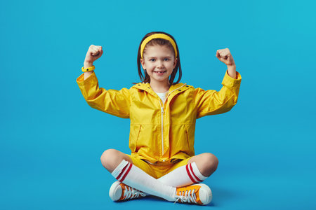 Pretty teen girl raises hands and shows muscles, feels strong, smiles broadly, dressed in yellow...