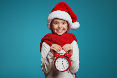Happy funny child girl face portrait. Kid wearing christmas hat and red scarf holding alarm clock....