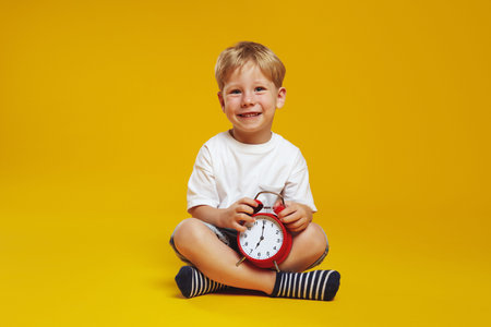 Adorable little boy wearing white t-shirt, holding classic red clock alarm while sitting crossed legged on floor and smiling, isolated over yellow background.の写真素材