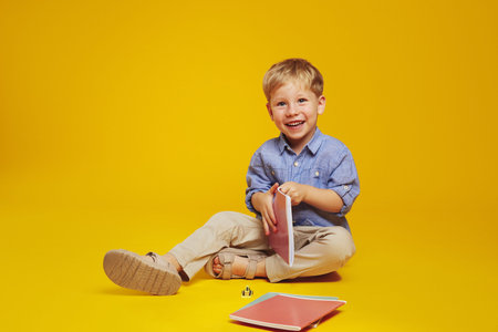 Cute little boy with blonde hair wearing blue shirt holding notebook while sitting on studio floor and happily smiling against yellow background. Back to school concept.の写真素材