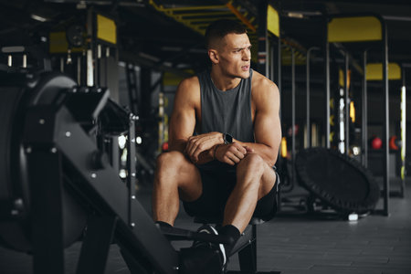 Tired fit man with a well built body takes a breather after an intense rowing machine workout in a gym. His determined expression showcases the dedication and hard work involved in his fitness routineの写真素材
