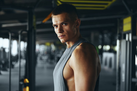 Vertical closeup shot of handsome caucasian male athlete posing after training in gym. A serious man fitness instructor, posing for the camera, dressed in sportswear.の写真素材