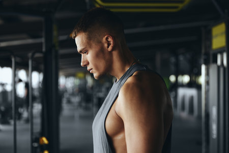 Side view of a serious fitness guy athlete after a gym workout. Horizontal photo of a handsome fitness instructor in workout clothes, posing confidently for the camera.の写真素材