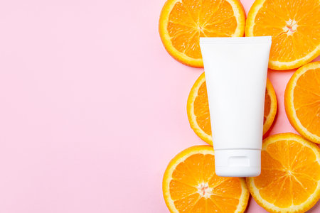 An elegant white cosmetic tube is artistically placed among vibrant orange slices on a soft pink background, evoking freshness, vitality, and natural beauty.の写真素材