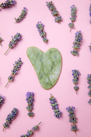 A heart-shaped jade gua sha stone surrounded by lavender sprigs, arranged aesthetically on a pink background, creating a tranquil and relaxing scene.の写真素材