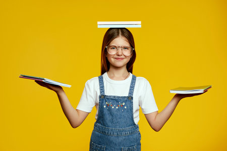 Happy young girl wearing glasses and denim overalls skillfully balances books with a playful smile,...