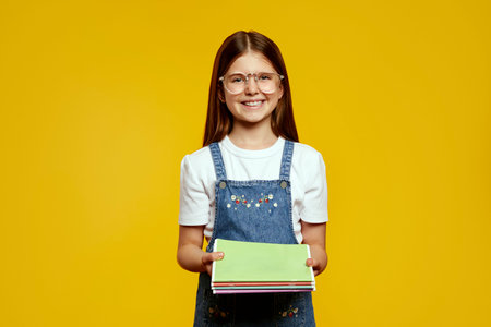 Charming and handsome young schoolgirl with glasses and denim overalls holding colorful notebooks, smiling brightly against a clean yellow background. Back to school vibes.の写真素材