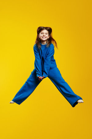 Energetic child joyfully jumping with a bright smile, wearing a blue outfit against yellow backdrop, capturing a sense of happiness and enthusiasm.の写真素材