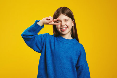 Joyful child expressing playfulness with a peace sign gesture and cheeky expression, set against a bold yellow backdrop. Ideal for playful promotions or childrens content.の写真素材