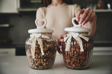 A unrecognizable woman arranges nuts in glass jars with heart shaped lids, adorned with lace ribbons, in a modern kitchen. The image conveys organization, warmth, and homely elegance.の写真素材