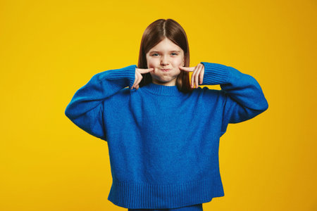 Cheerful youngster in a blue sweater playfully puffing cheeks against a vibrant yellow backdrop,...