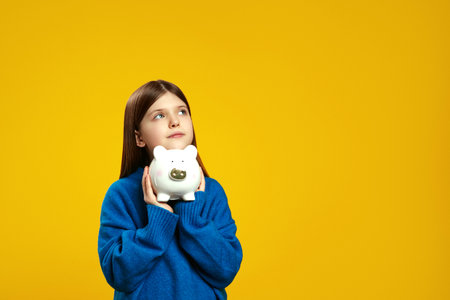 Portrait of thoughtful young child in a blue sweater holding white piggy bank under chin, looking at free empty space while standing isolated against yellow backgroundの写真素材