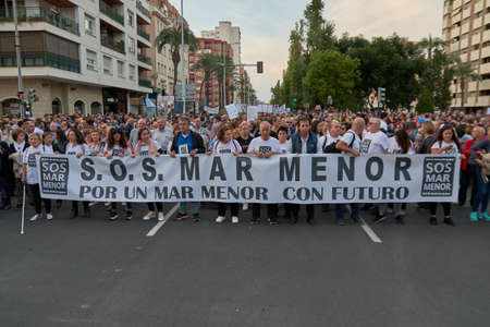 People in the manifestation in Cartagena of Spain to recover the Mar Menor after the spills that killed all the fishの写真素材