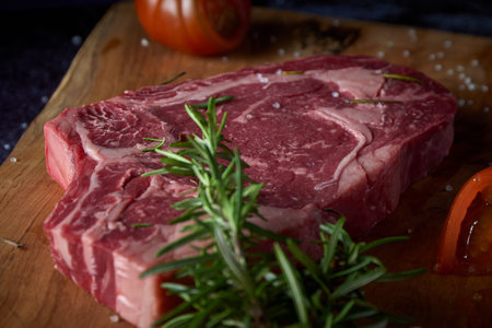 Fresh and raw beef steak on wooden board with salt and other seasonings on dark surface. Steak ready to grill. Dark food. Meat, tomato, pepper, lemon and rosemary.の写真素材