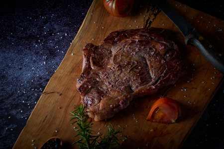 Grilled beef steak on wooden board with salt and other seasonings on a dark surface. Steak ready for eating. Dark food. Meat, tomato, pepper, lemon and rosemary.の写真素材