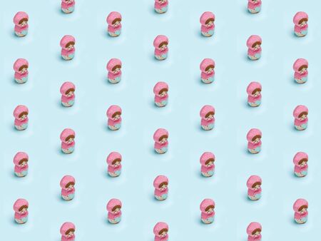 Valentine background, Girls theme, Isometric pattern photographed, cute Russian Matryoshka dolls on a light blue background, wrapping paper, postcard, wallpaperの写真素材