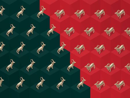 Christmas, trendy tile, pattern, isometric photography, Golden reindeers, 3D green and red blocks in the background, winter, autumn, Minimal Christmas or New Year concept.の写真素材